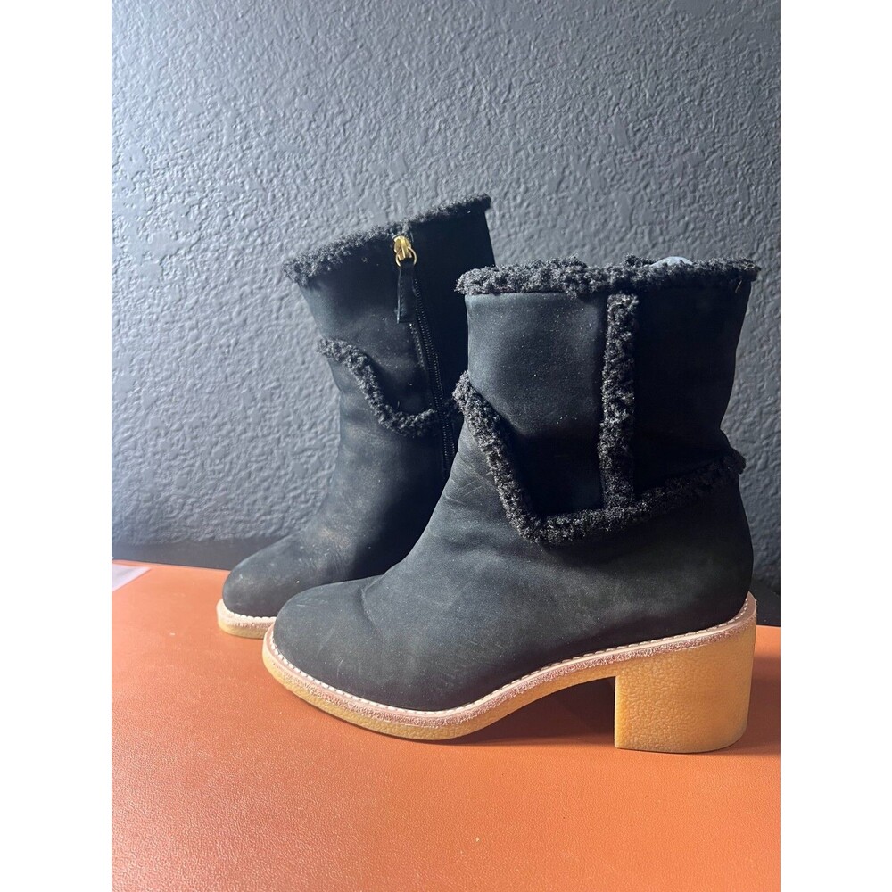 J Crew Women's Black Sherpa Stacked Heels in Suede Size 8 1/2